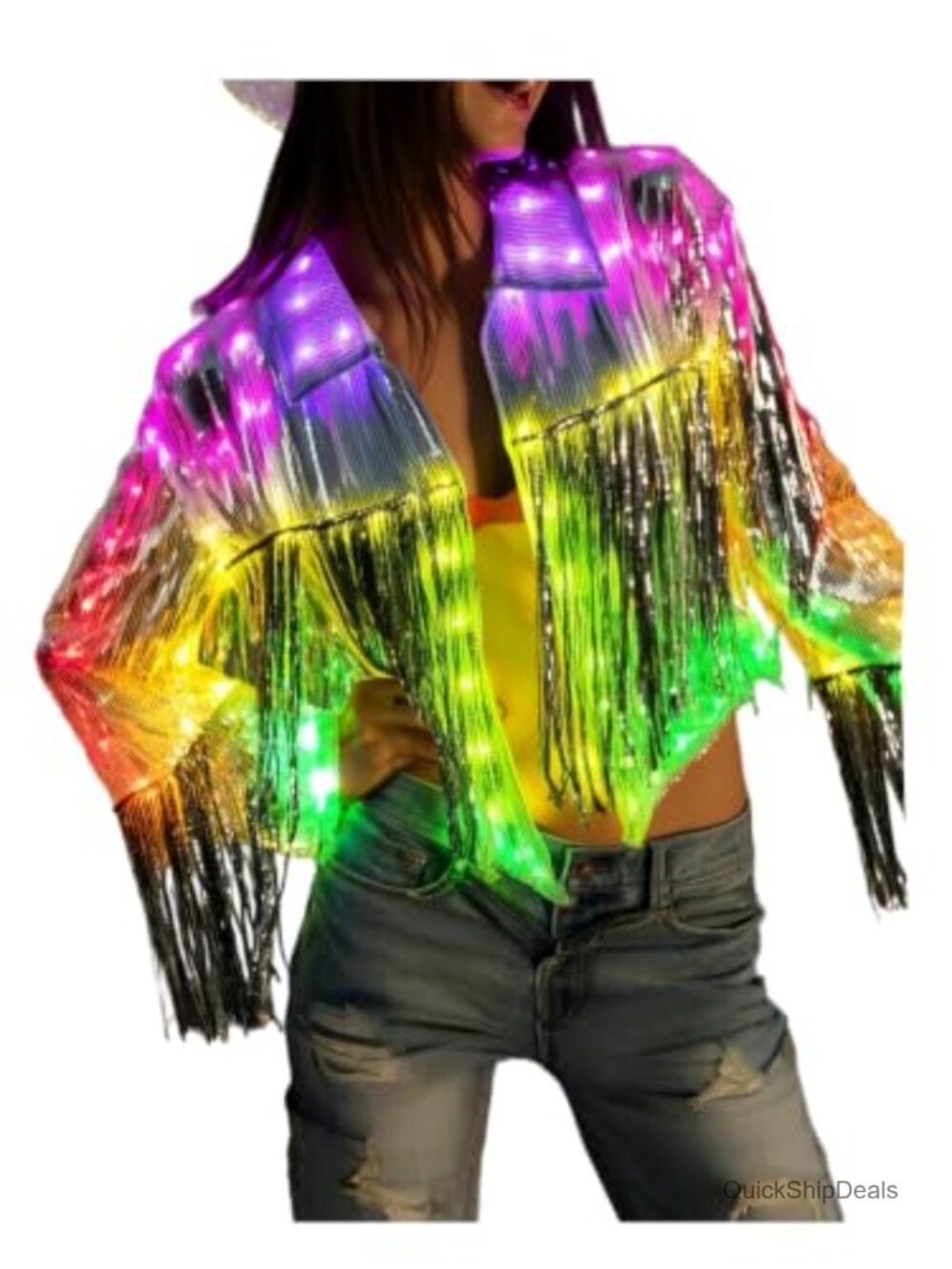 LED Light Up Sequin Tassel Jacket Fringe Disco Party Cowgirl Rave